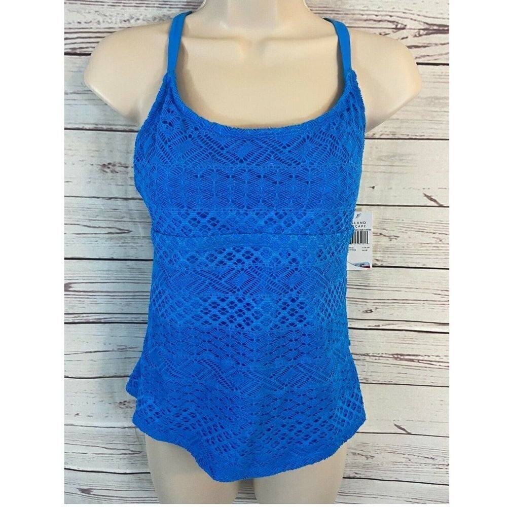Island Escape Women's Swimsuit Crochet Strappy Tankini Top Blue Size 6 NWT - Picture 2 of 6